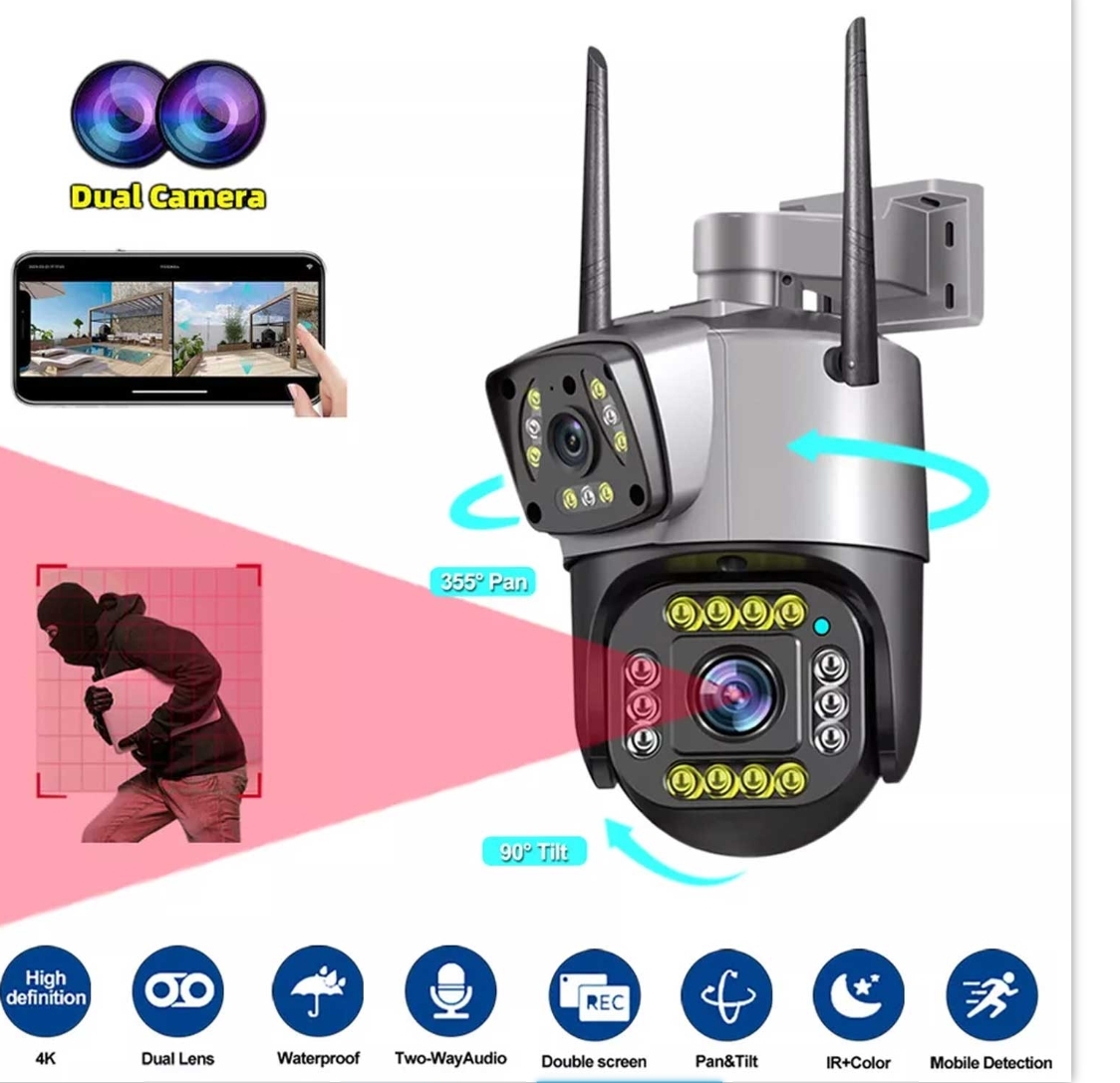 spz-702) 2 Camera Lens Wifi Outdoor 4mp Color Night Vision With V380 Pro App