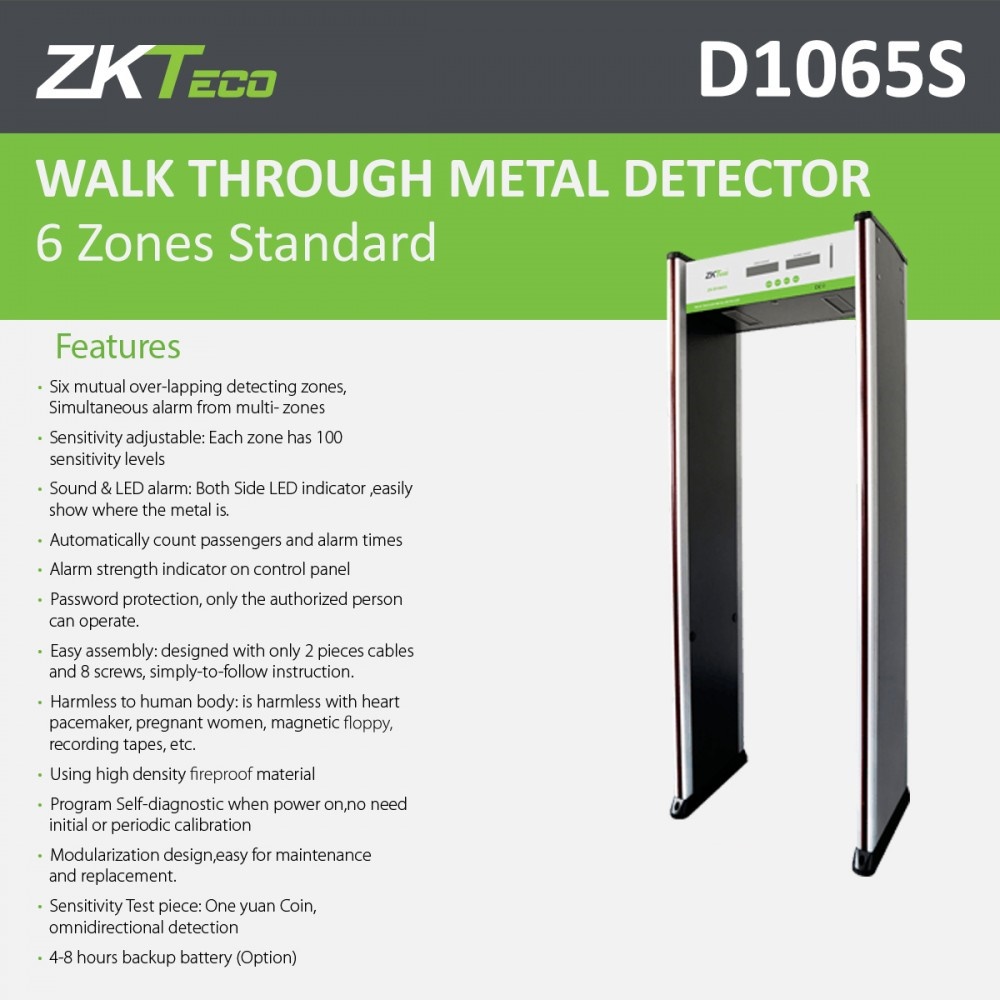ZKTeco ZK-D1065S is a 6-zone walk-through Gate Door